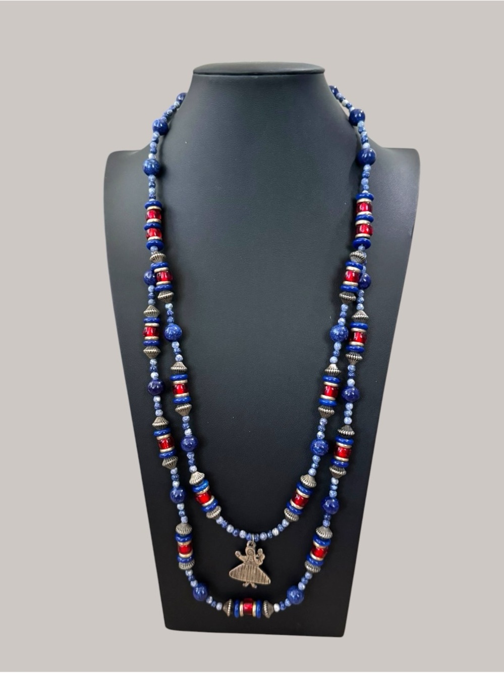 Vintage Double Strand Blue Red Beaded Necklace Silver Tone Figural Charm Boho St